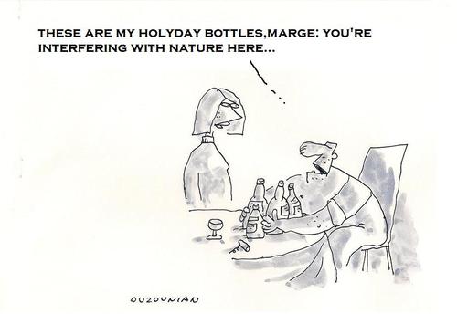 Cartoon: the holyday bottles (medium) by ouzounian tagged men,women,relationship,marriage,drinking