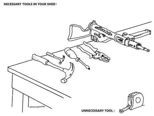 Cartoon: tools and stuff (medium) by ouzounian tagged men,measuringtape,sheds,tools,guns