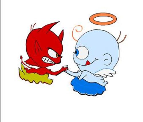 Cartoon: devil-angel seytan-melek (medium) by musa gültekin tagged devil,angel,melek,seytan,bilekgüresi