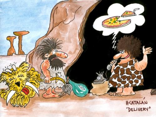 Cartoon: DELIVERY PREHISTORICO (medium) by HCATALAN tagged pizza,cavernas,prehistoria,mujer,delivery,comida