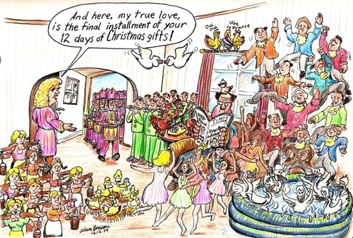 Cartoon: 12 Days of Christmas Gifts (medium) by Alan tagged christmas,12,twelve,days,gifts,swans,lords,ladies,partidge,rings,geese,hens,doves,pipers,drummers,birds,maids