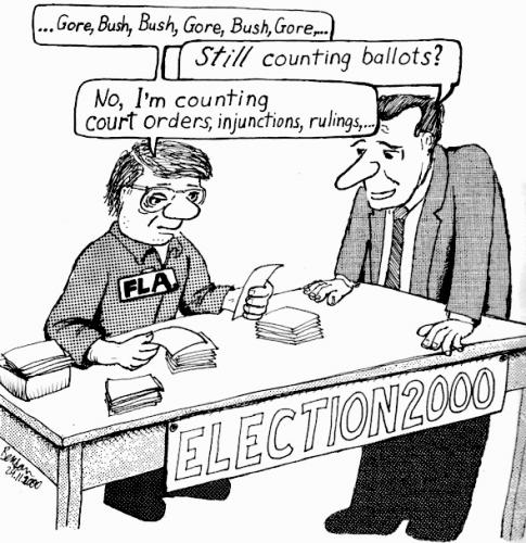 Cartoon: Election 2000 (medium) by Alan tagged election,2000,bush,gore,florida,counting,ballots,court,orders,injunctions,rulings