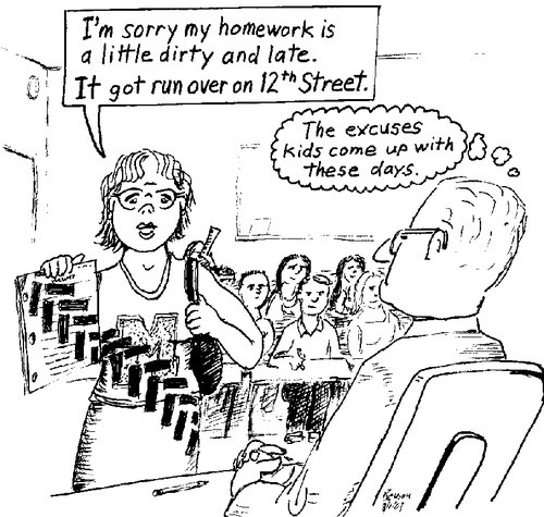 Cartoon: Excuse for Homework (medium) by Alan tagged homework,dirty,late,teacher,student,excuse,ruth,tire,marks,manistee