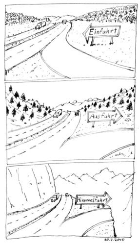Cartoon: Himmelfahrt (medium) by Alan tagged einfahrt,ausfahrt,himmelfahrt,autobahn,berge,himmel,auto