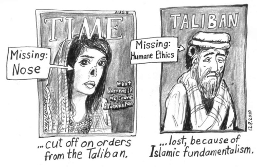 Cartoon: Missing Nose or Ethics (medium) by Alan tagged time,magazine,nose,missing,humane,ethics,taliban,afghanistan,disfigure,mutilation,verstümmelung,islamic,fundamentalism,islamists,hole,aisha