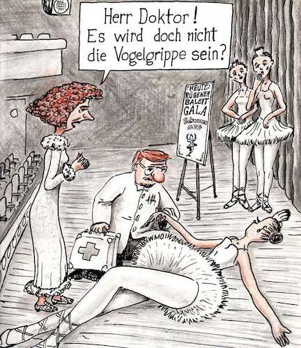Cartoon: Schwanensee (medium) by Alan tagged vogelgrippe,vogelseuche,schwanensee,ballett,tänzerin,arzt,bühne,krankheit,ohnmacht,avian,flu,schwan,rügen