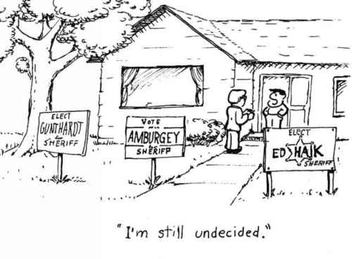 Cartoon: Undecided Voter (medium) by Alan tagged election,sheriff,vote,manistee,poll,undecided,voter,campaign,signs,polling