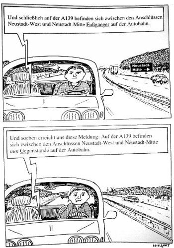 Cartoon: Verkehrsmitteilung (medium) by Alan tagged verkehrsmitteilung,autobahn,fußgänger,neustadt,gegenstände