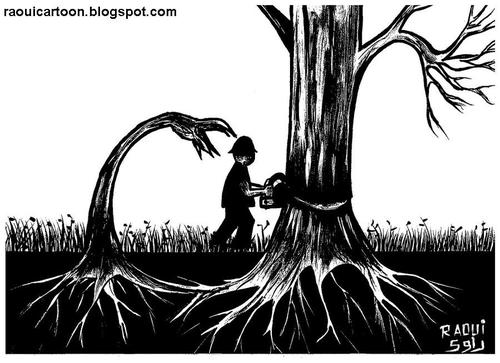 Cartoon: Roots (medium) by Raoui tagged scie,cut,couper,plante,environment,nature,ecologie,ecology,destruction,foret,woods,arbre,tree