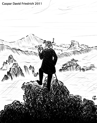 Cartoon: Caspar David Friedrich 2011 (medium) by elke lichtmann tagged nebelmeer,dem,über,wanderer,fog,sea,friedrich,david,caspar,gemälde,painting,romance,romantik