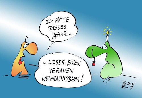 Cartoon: Fröhliche Weihnachten (medium) by BoDoW tagged frohe,weihnachten,weihnachtsbaum,vegan,beziehung,paar,ablehnung,entäuschung,geschenk