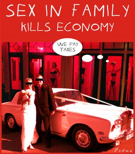 Cartoon: Sex in family kills economy (medium) by Pedma tagged taxes,economy,crisis,collapse,love,wedding,marriage,car,prostitute