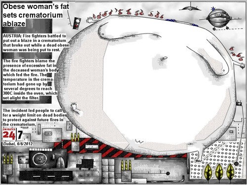Cartoon: crematorium ablaze (medium) by bob schroeder tagged obesity,woman,fat,crematorium,fire,fighter,death,body,temperature,oven,weight