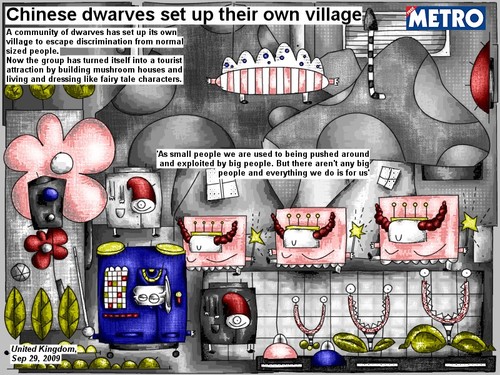 Cartoon: Dwarves set up own village (medium) by bob schroeder tagged comic,webcomic,community,village,discrimination,normal,seized,people,group,tourist,attraction,mushroom,houses,fairy,tale,characters