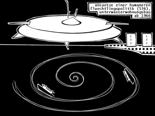 Cartoon: fluechtlingspolitik (medium) by bob schroeder tagged fluechtling,fluechtlingspolitik,human,raumpatrouille,orion,unterwasserwohnungsbau,scifi