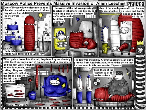 Cartoon: Invasion of alien leeches (medium) by bob schroeder tagged comic,webcomic,moscow,law,enforcement,agencies,underground,laboratory,harmful,leeches,inhumane,conditions,factory,brutalized,creatures,employees,police,containers,office,aquarium,entrepreneur,azerbaidzhan,business,price,rubles