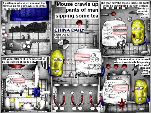 Cartoon: Mouse crawls up pants (medium) by bob schroeder tagged comic,webcomic,mouse,pants,man,tea,customer,compensation,facility,entertainment,venue,blood