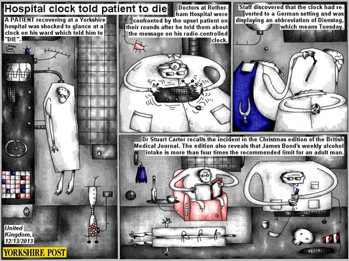 Cartoon: termination (medium) by bob schroeder tagged hospital,clock,death,patient,doctor,dienstag,tuesday,die