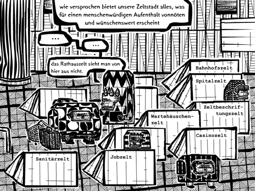 Cartoon: zeltstadt (medium) by bob schroeder tagged zelt,unterbringung,flucht,fluechtling,heim,asyl,asylant,notunterkunft