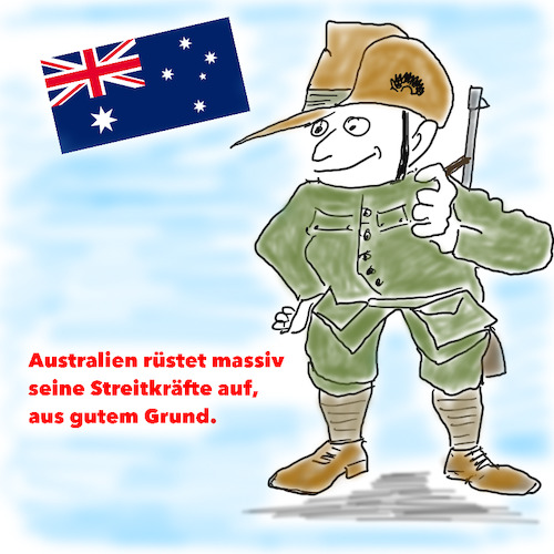 Cartoon: Australien rüstet auf (medium) by legriffeur tagged australie,verteidigung,pazifik,pazifikraum,frieden,china,expansionchinas,wehrhaftigkeit,verteidigungsbereitschaft,aufrüstung,waffen