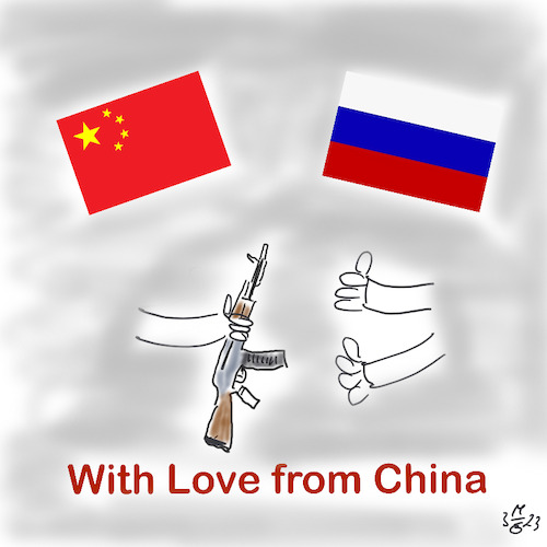 Cartoon: Waffenlieferung (medium) by legriffeur tagged china,russland,waffen,waffenlieferung,europa,ukrainekonflikt,ukrainekrieg,politik,außenpolitik,verteidigung,deutschland
