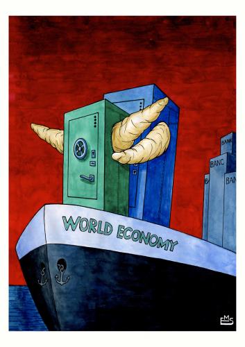 Cartoon: World Economy (medium) by Makhmud Eshonkulov tagged world,economy,banks,crisis,recession,titanic,crash