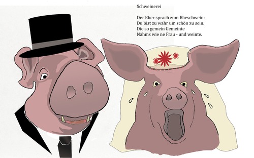 Cartoon: Schweinerei (medium) by gege tagged brautpaar,bräutigam,braut,schleier,ehe,sauerei,sau,schwein,tiere,tier
