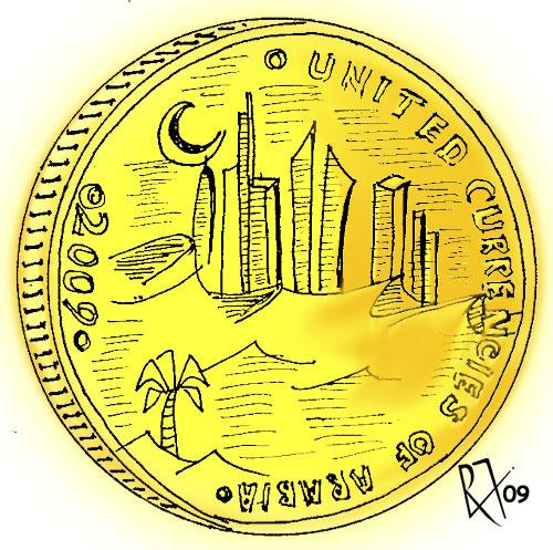 Cartoon: Arab Currency (medium) by cindyteres tagged coin,money,middle,east,arab,arabia,resolution,solution,cartoon,drawing,sketch,caricature,remy,francis,animator,united,currencies,2009
