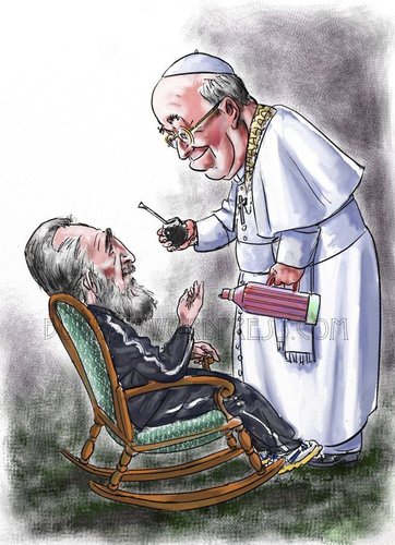 Cartoon: Castro_Francis (medium) by Bob Row tagged castro,francis,guevara,cuba,religion,revolution