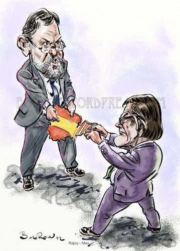 Cartoon: Catalonia may split from Spain (medium) by Bob Row tagged spain,catalonia,nationalism,crisis,rajoy,mas