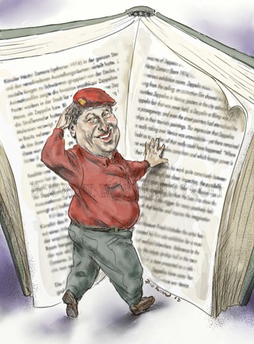 Cartoon: Chavez stepps into History (medium) by Bob Row tagged chavez,venezuela,history,caricature
