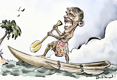 Cartoon: Obama goes to the Pacific (medium) by Bob Row tagged freetrade,pacific,hawaii,china,obama