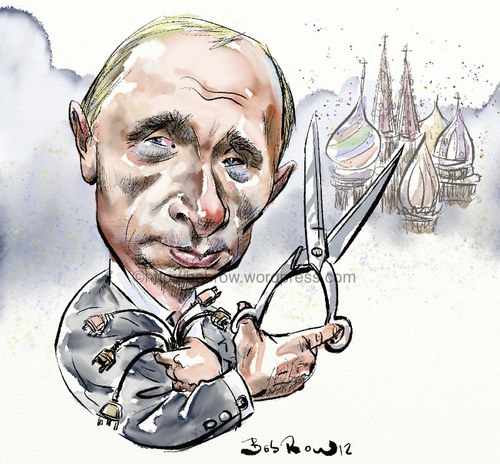Cartoon: Putin the censor (medium) by Bob Row tagged putin,russia,censorship,elections,social,networks,television