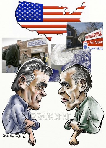 Cartoon: Romney Obama ready to rumble (medium) by Bob Row tagged romney,obama,elections,vote,usa,democracy,crisis,unemployment,sandy,foreclosures
