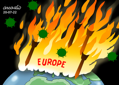 Cartoon: Europe burns! (medium) by Cartoonarcadio tagged covid,fires,war,europe,ukraine,climate,change