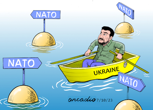 Cartoon: On the way to NATO. (medium) by Cartoonarcadio tagged nato,ukraine,war,europe,usa,zelensky