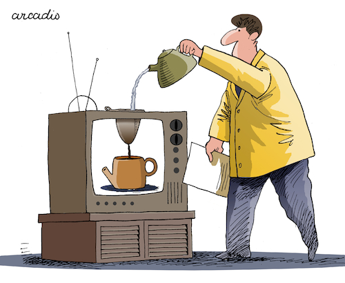 Cartoon: One use for an old TV. (medium) by Cartoonarcadio tagged tv,humor,gag,cartoon,coffee