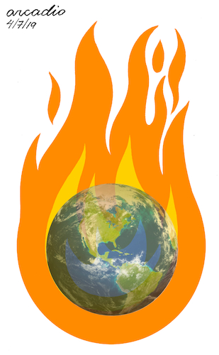 Cartoon: Our planet into the fire. (medium) by Cartoonarcadio tagged mother,earth,climate,change,planet