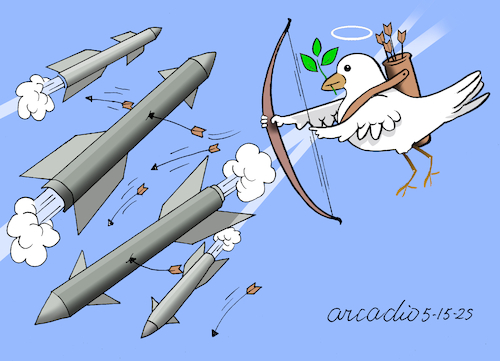 Cartoon: PLAYING THE ROll OF CUPID. (medium) by Cartoonarcadio tagged peace,wars,weapons,dialogue