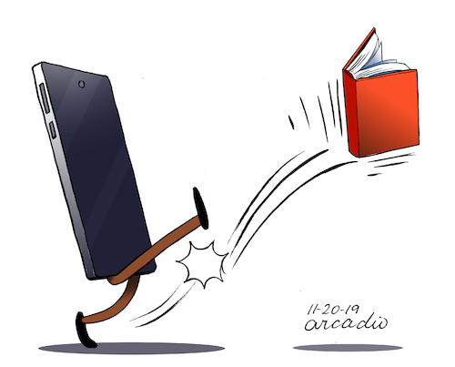 Cartoon: Smarthphone vs Books (medium) by Cartoonarcadio tagged books,cellphones,people,social,nets