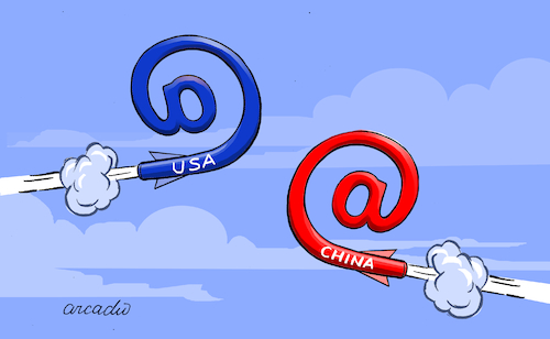 Cartoon: Technological war. (medium) by Cartoonarcadio tagged trade,war,technological,china,usa