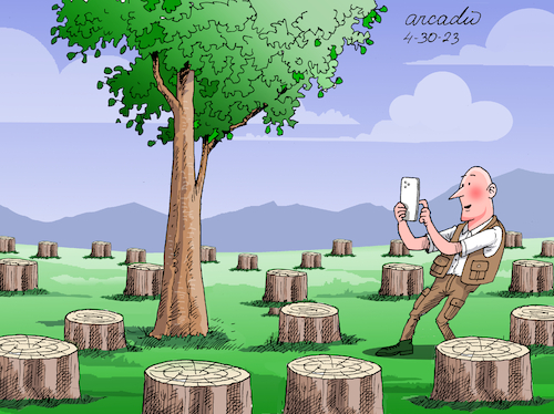 Cartoon: The last tree. (medium) by Cartoonarcadio tagged deforestation,climate,change,world,nature