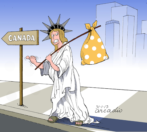 Cartoon: The scared Liberty. (medium) by Cartoonarcadio tagged trump,liberty,immigrants,us,government,politics