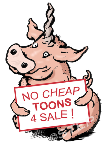 Cartoon: no cheap toons for sale (medium) by step tagged ramschware,ramsch,billigtoons,schweinhorn,schwein,ausverkauf