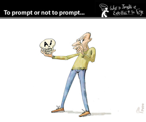 Cartoon: TO PROMPT OR NOT TO PROMPT... (medium) by PETRE tagged artificialintelligence,künstlicheintelligenz,skull,to,prompt
