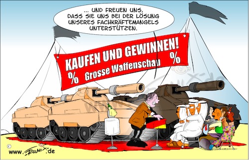 Cartoon: Fachkräftemangel (medium) by Trumix tagged fachkräftemangel,flüchtlinge,waffen,waffengeschäfte,lobby,gewinn,terrorismus,panzer,moral,leopard,saudi,fachkräftemangel,flüchtlinge,waffen,waffengeschäfte,lobby,gewinn,terrorismus