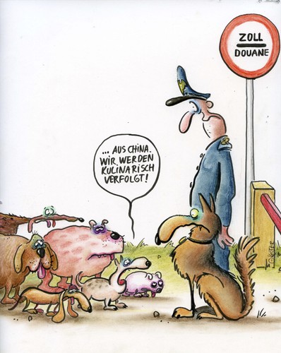 Cartoon: Asylanten (medium) by Petra Kaster tagged asylbewerber,asyl,ausländer,tiere,tier,hunde,dissidenten,einwanderung,migration,einwanderer,zoll,china,essen,nahrung,verfolgung,opfer