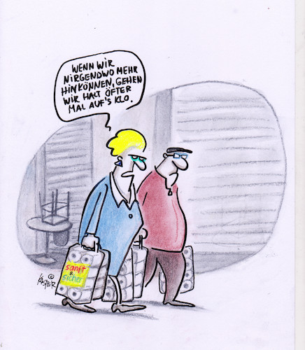 Cartoon: ausgangssperre (medium) by Petra Kaster tagged pandemie,corona,klopapier,ausgangssperre,kontaktsperre,klo,isolation,klima,umwelt,tod,krankheit,vorsorge,gesundheitssystem,soziale,pandemie,corona,klopapier,ausgangssperre,kontaktsperre,klo,isolation,klima,umwelt,tod,krankheit,vorsorge,gesundheitssystem,soziale