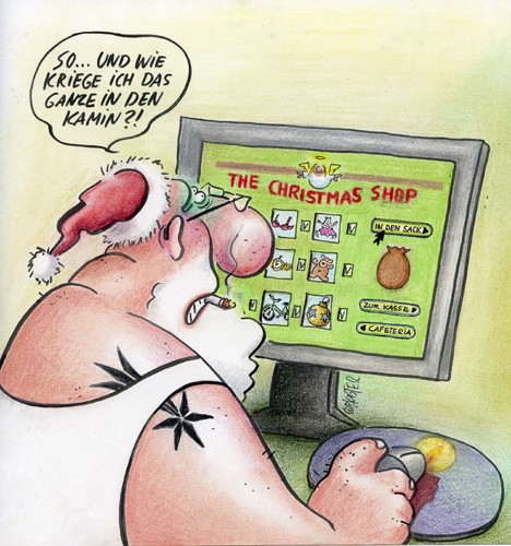 Cartoon: christmas shop (medium) by Petra Kaster tagged weihnachten,christmas,online,shoppen,computer,weihnachtsmann,weihnachten,online shopping,computer,weihnachtsmann,technik,internet,web,online,www,technologie,kaufen,handel,verkauf,bestellung,job,beruf,arbeit,shopping