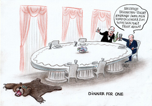 Cartoon: dinner for one (medium) by Petra Kaster tagged putin,krieg,wahnsinn,stalin,hitler,mao,militär,waffen,demokratieverlust,demagoge,diktator,sicherheit,politik,drohung,nuklearedrohung,wanderschreckliche,putin,krieg,wahnsinn,stalin,hitler,mao,militär,waffen,demokratieverlust,demagoge,diktator,sicherheit,politik,drohung,nuklearedrohung,wanderschreckliche